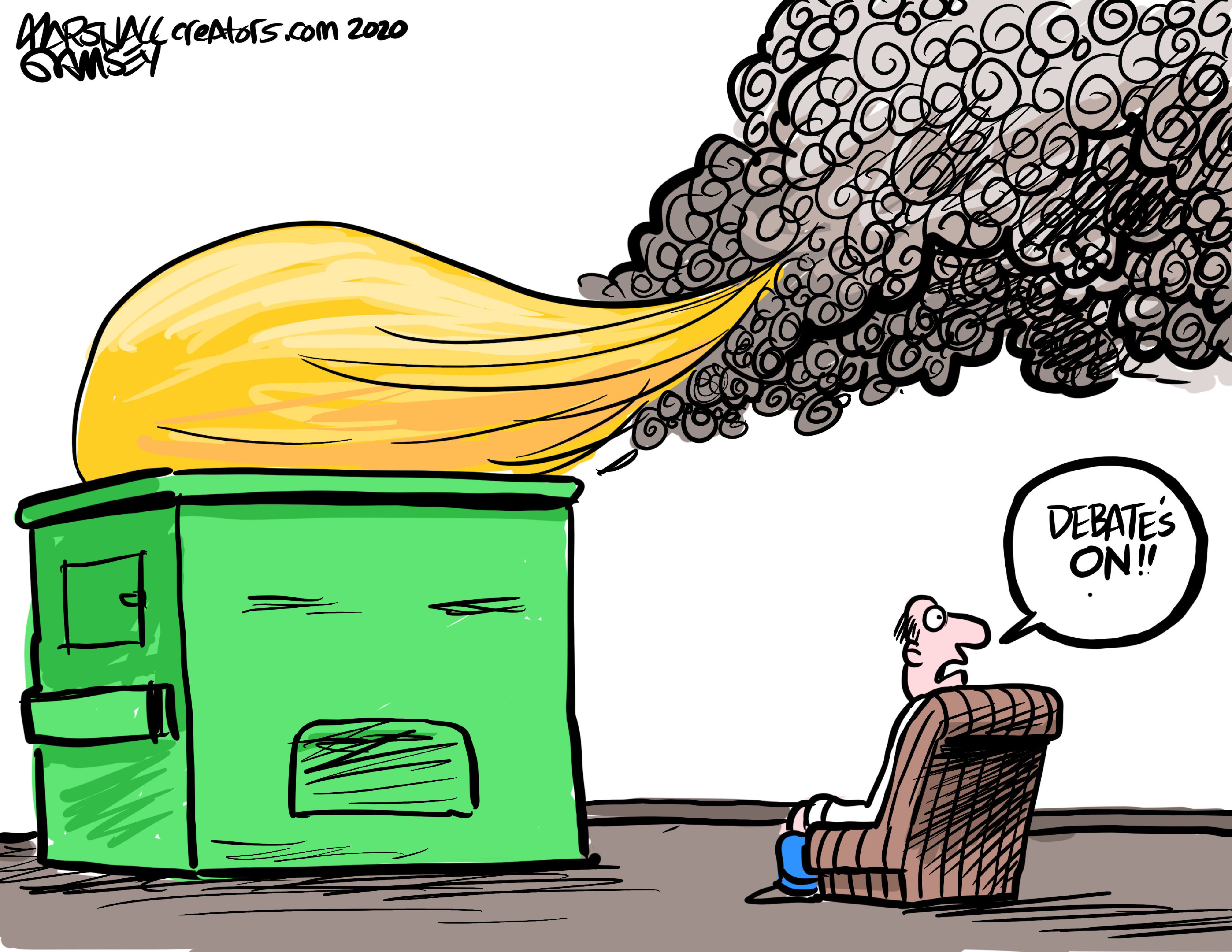 Political Cartoon U.S. Trump debate dumpster fire