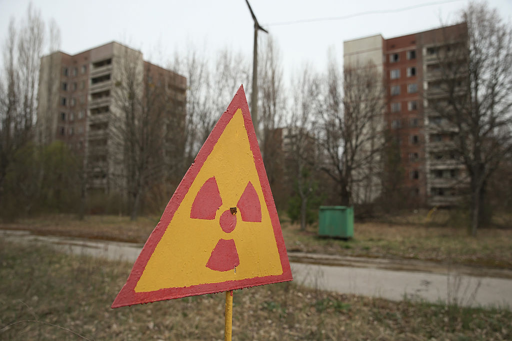 Radioactive sign in Pripyat, Ukraine.
