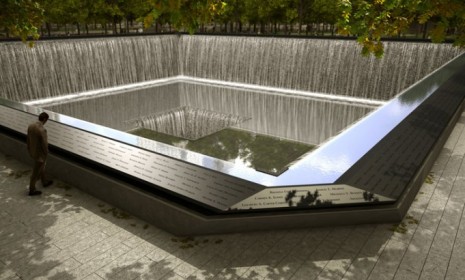 A rendering of the northeast corner of the south 9/11 memorial pool: The victims&#039; names are grouped by personal and professional connections.