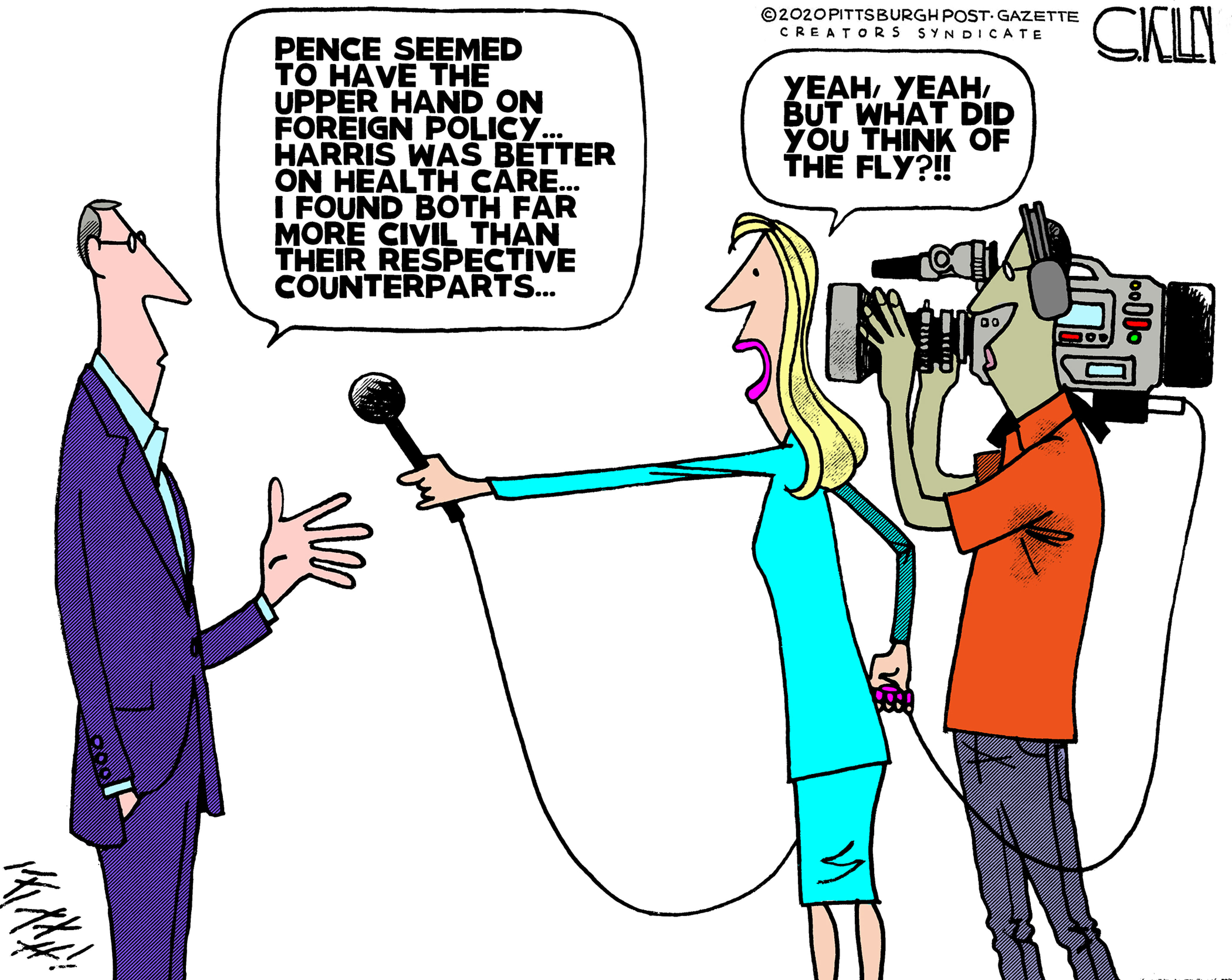 Political Cartoon U.S. Harris Pence debate fly