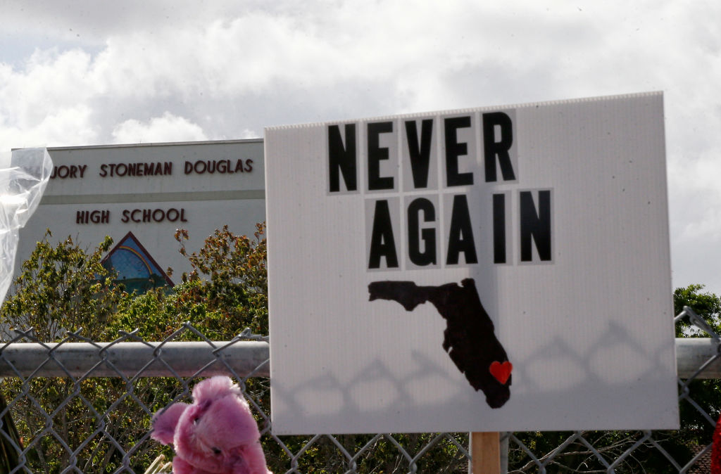 A sign outside Marjory Stoneman Douglas High School.