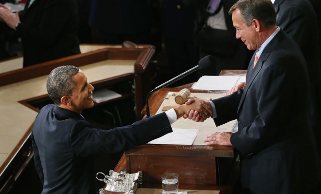 President Obama shakes hands with House Speaker John Boehner before the state of the union address. 
