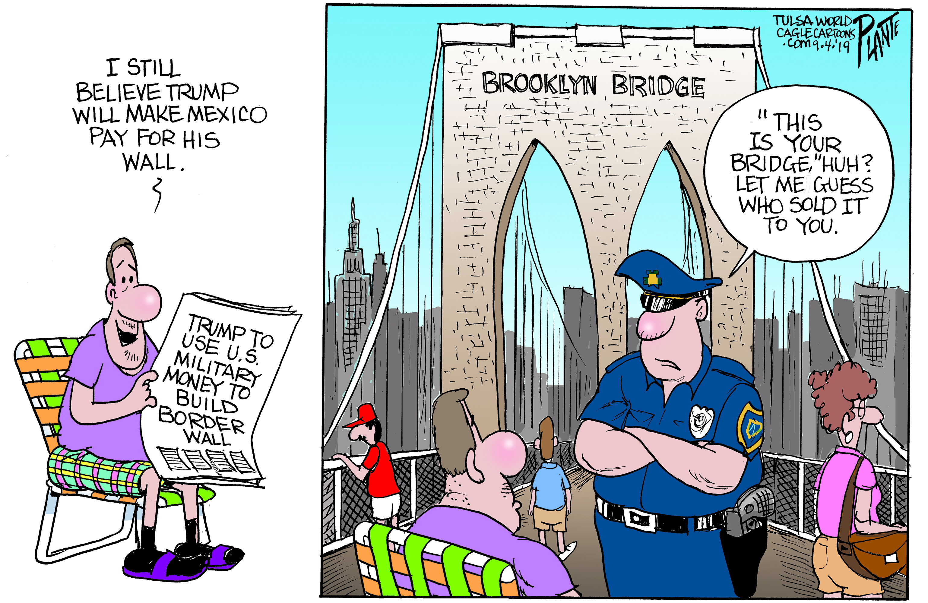 Political Cartoon . Mexico Pays Border Wall Trump Brooklyn Bridge