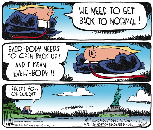 Political Cartoon U.S. Trump fights to reopen economy except NYC stay closed wear mask