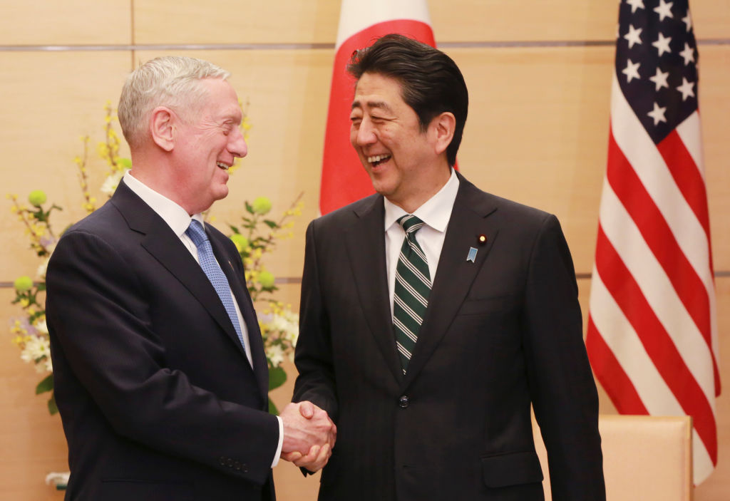 US Defense Secretary James Mattis (L) and Japanese Prime Minister Shinzo Abe (R) shake hands