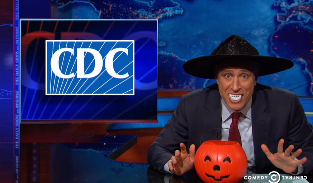 Jon Stewart chides the news media for trying to stir up Ebola panic