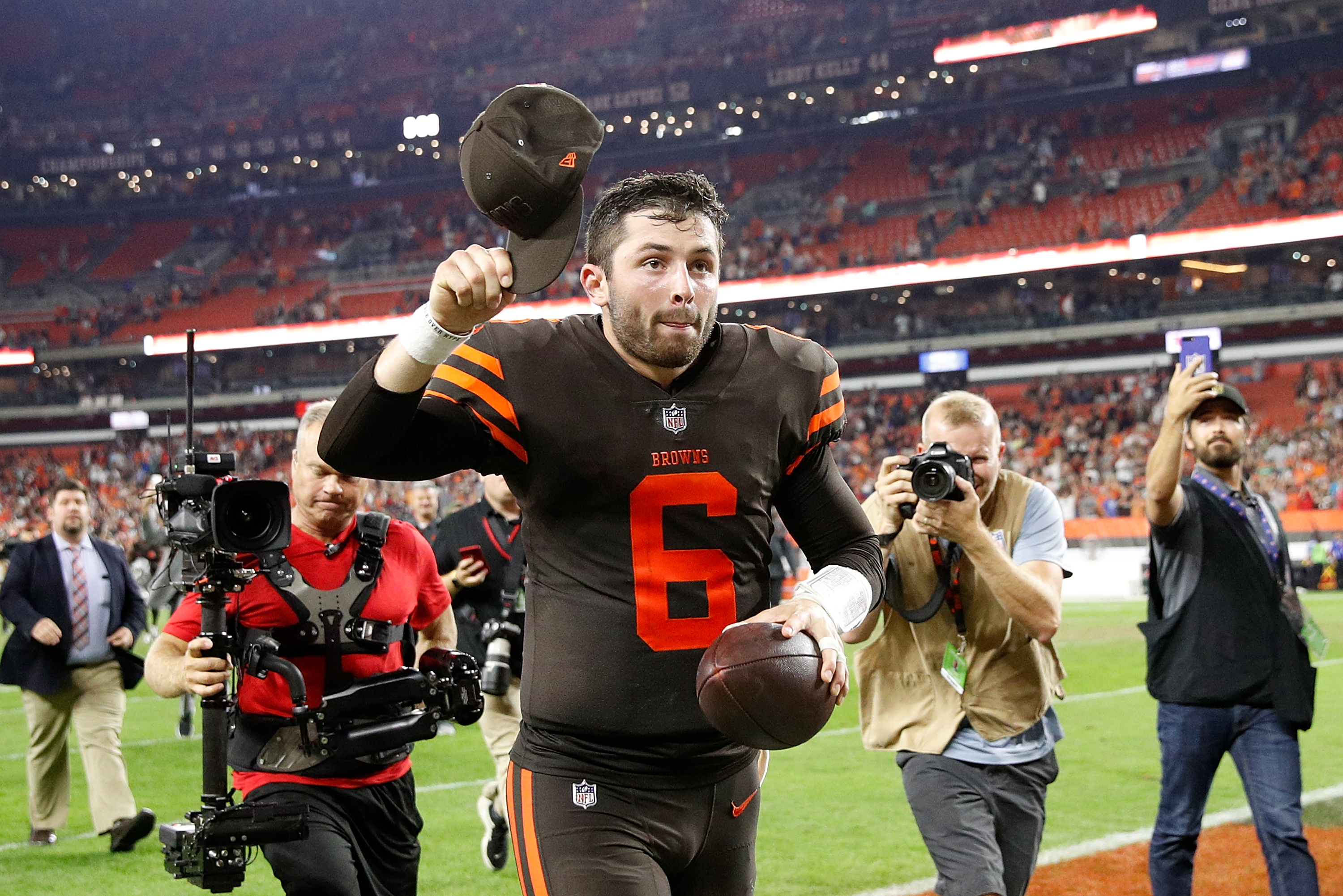 Baker Mayfield of the Cleveland Browns leaves the field after a after a victory over the New York Jets.