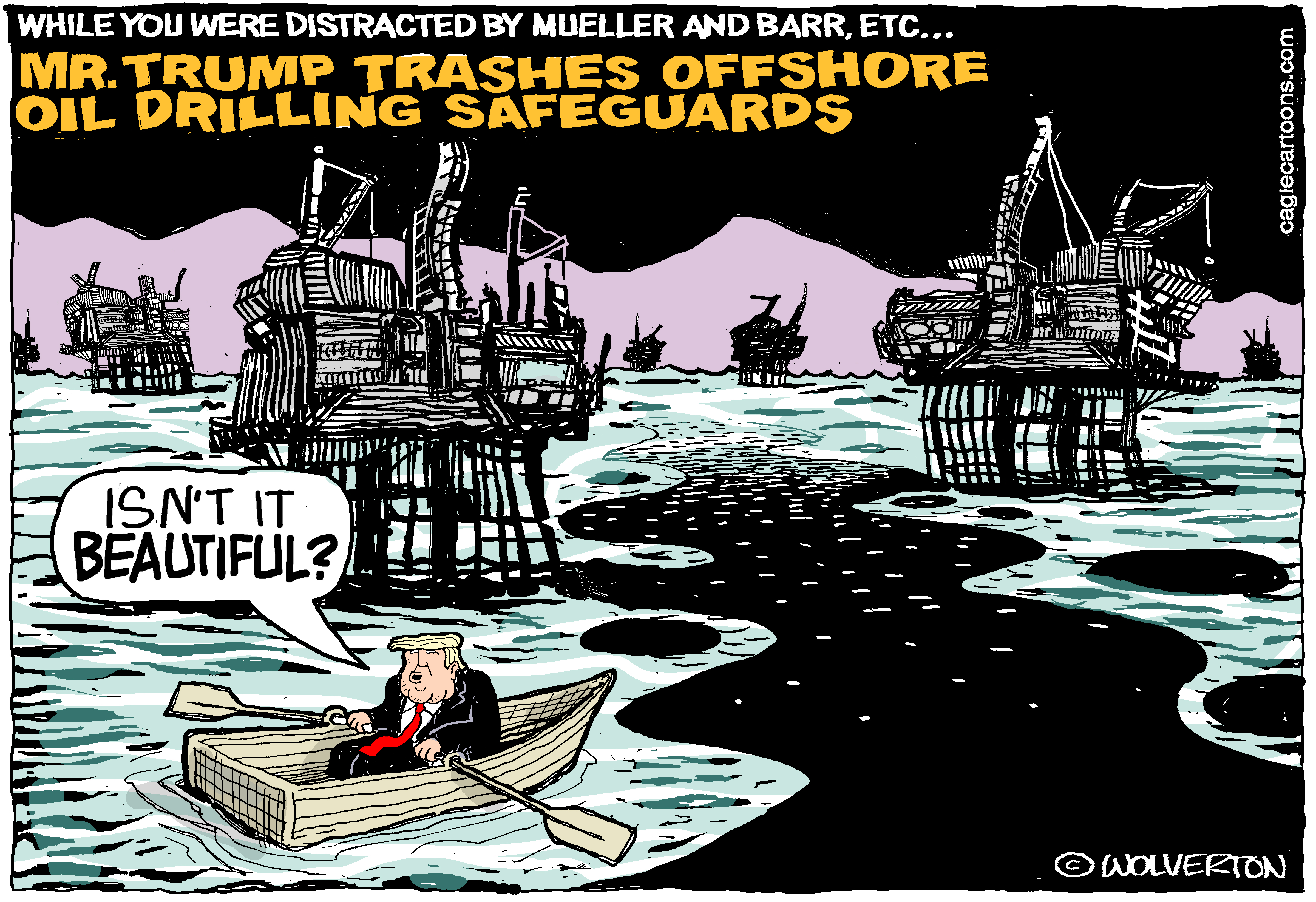 Political Cartoon . Trump offshore oil drilling