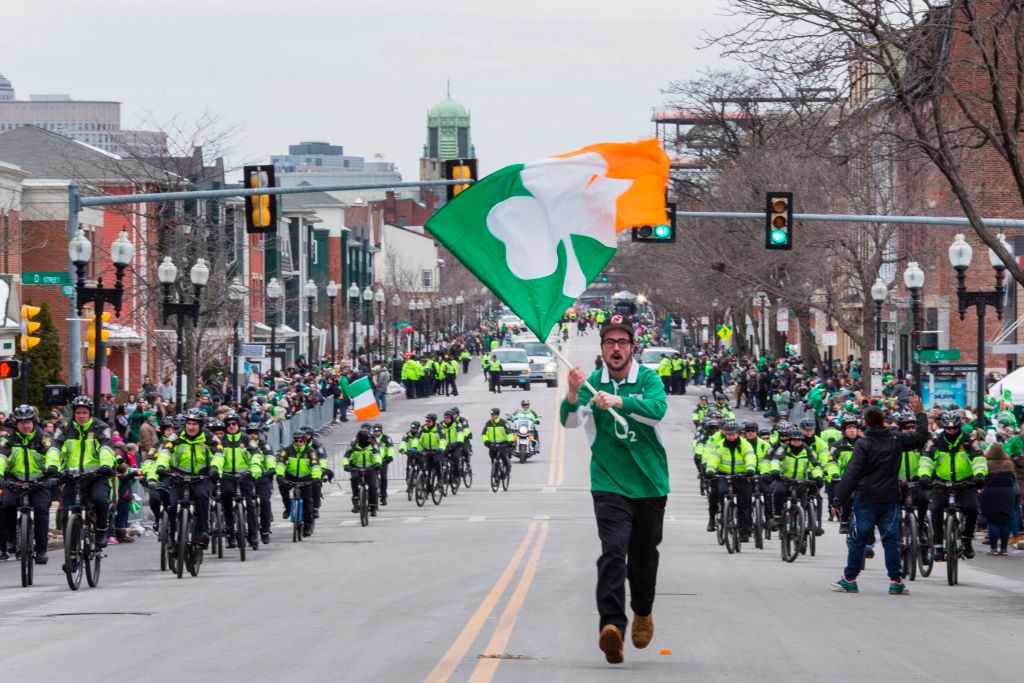 A file photo showing Boston&#039;s St. Patrick&#039;s Day parade in 2017.