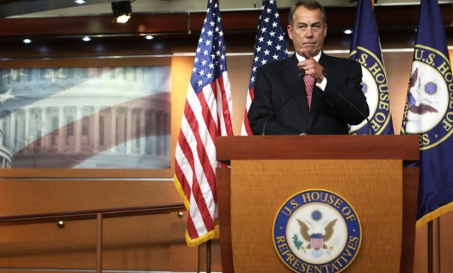 House Speaker John Boehner takes questions during a news briefing on Feb. 14.