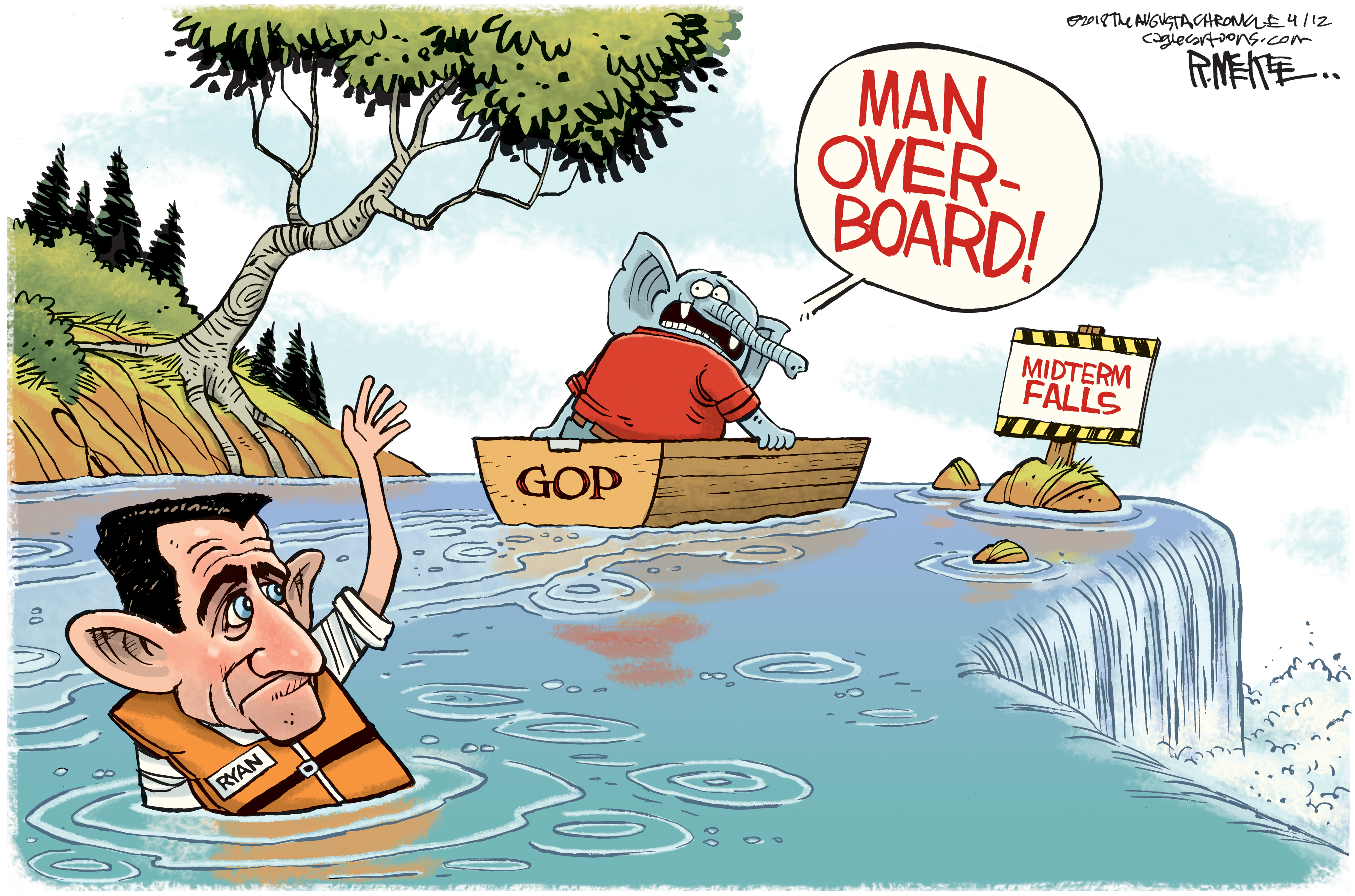 Political cartoon U.S. GOP Paul Ryan retirement midterms man overboard