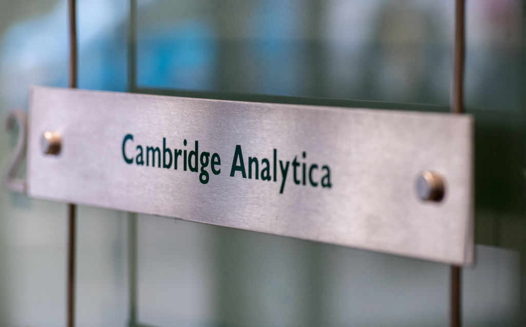 The sign outside of Cambridge Analytica&#039;s office in London.