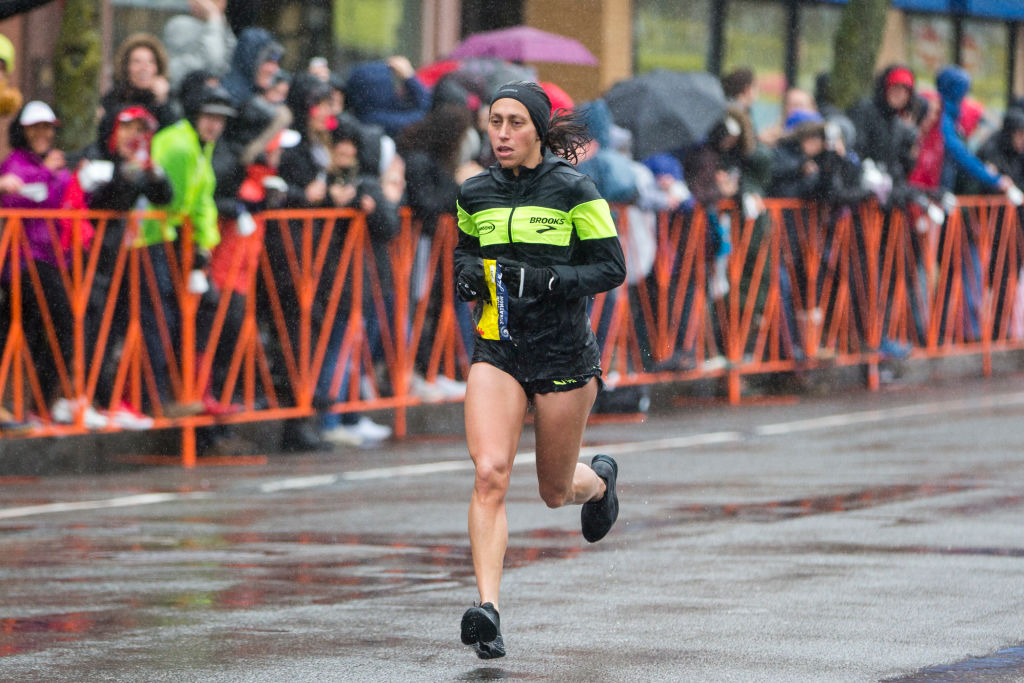 Desiree Linden running in the Boston Marathon.