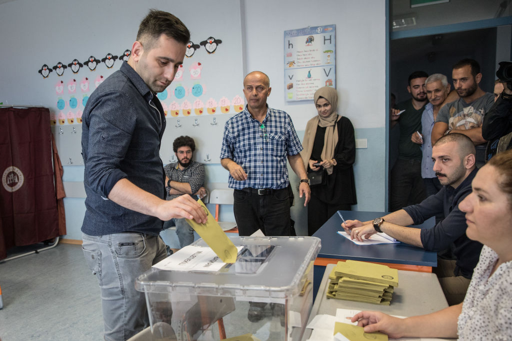 A man casts his vote in the countries parliamentary and presidential election on June 24, 2018 in Istanbul, Turkey. 