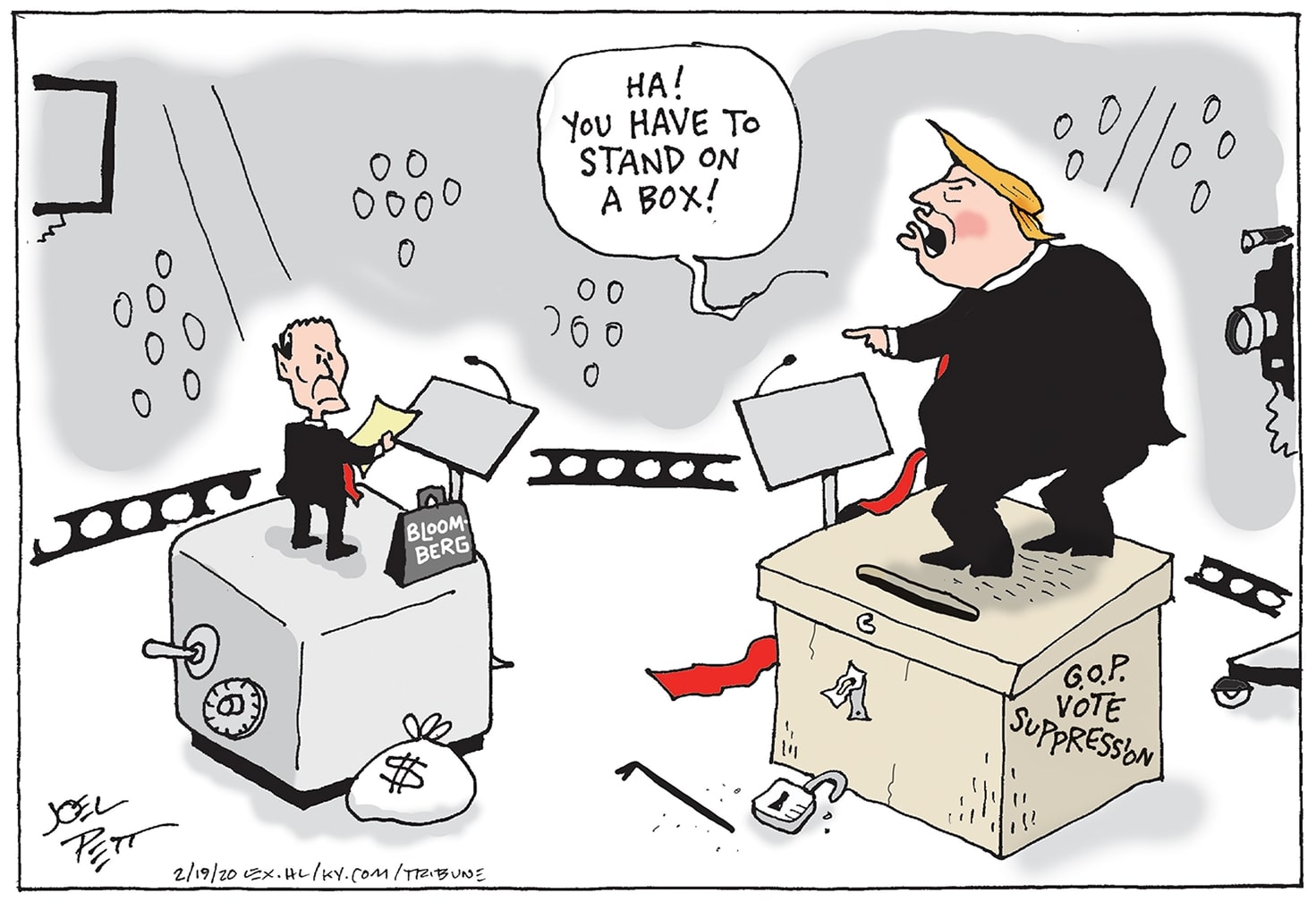 Political Cartoon . Trump Michael Bloomberg election corruption voter  suppression ad spending money in politics