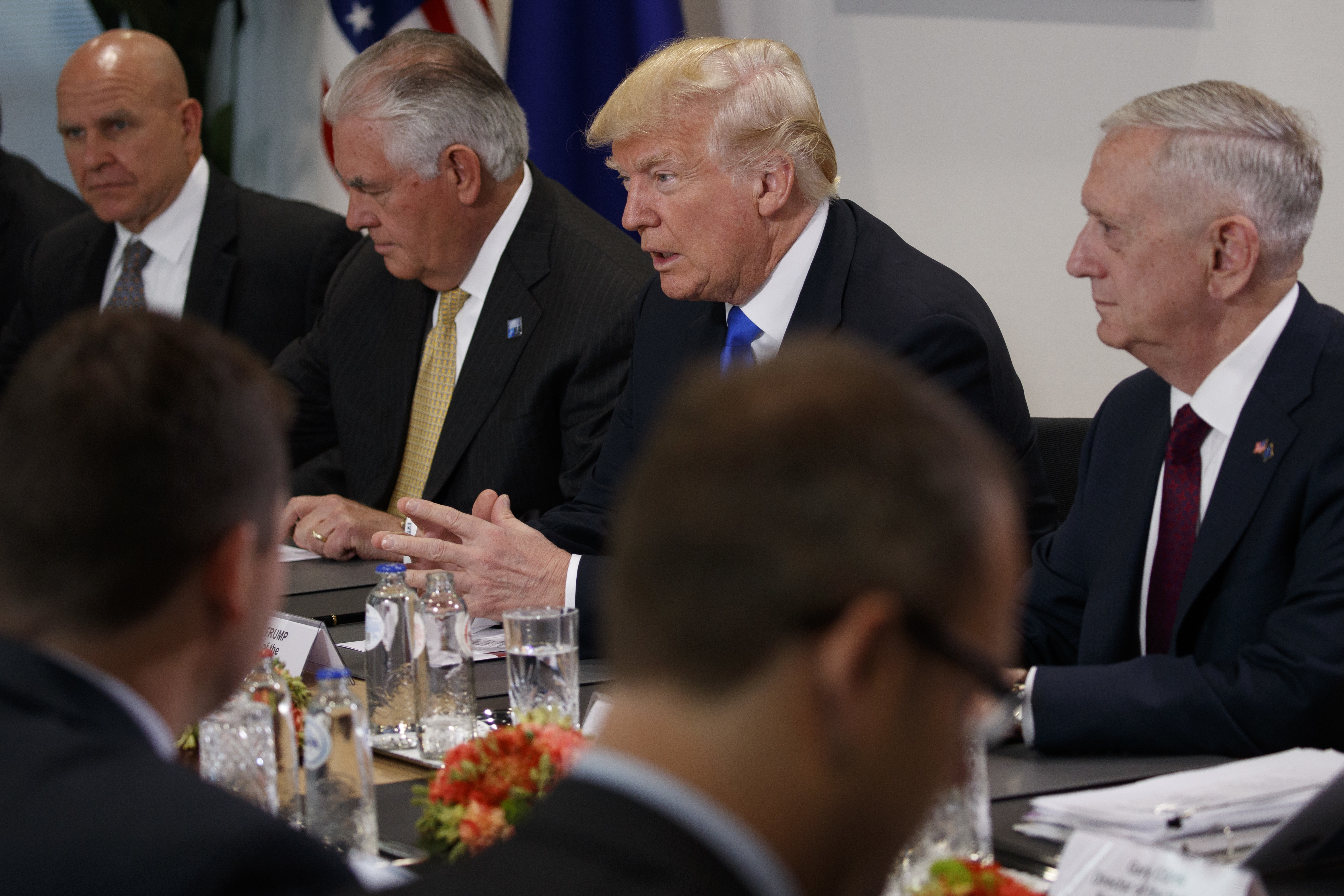 Presdient Trump, National Security Adviser H.R. McMaster, Secretary of State Rex Tillerson, Trump, and Secretary of Defense Jim Mattis.