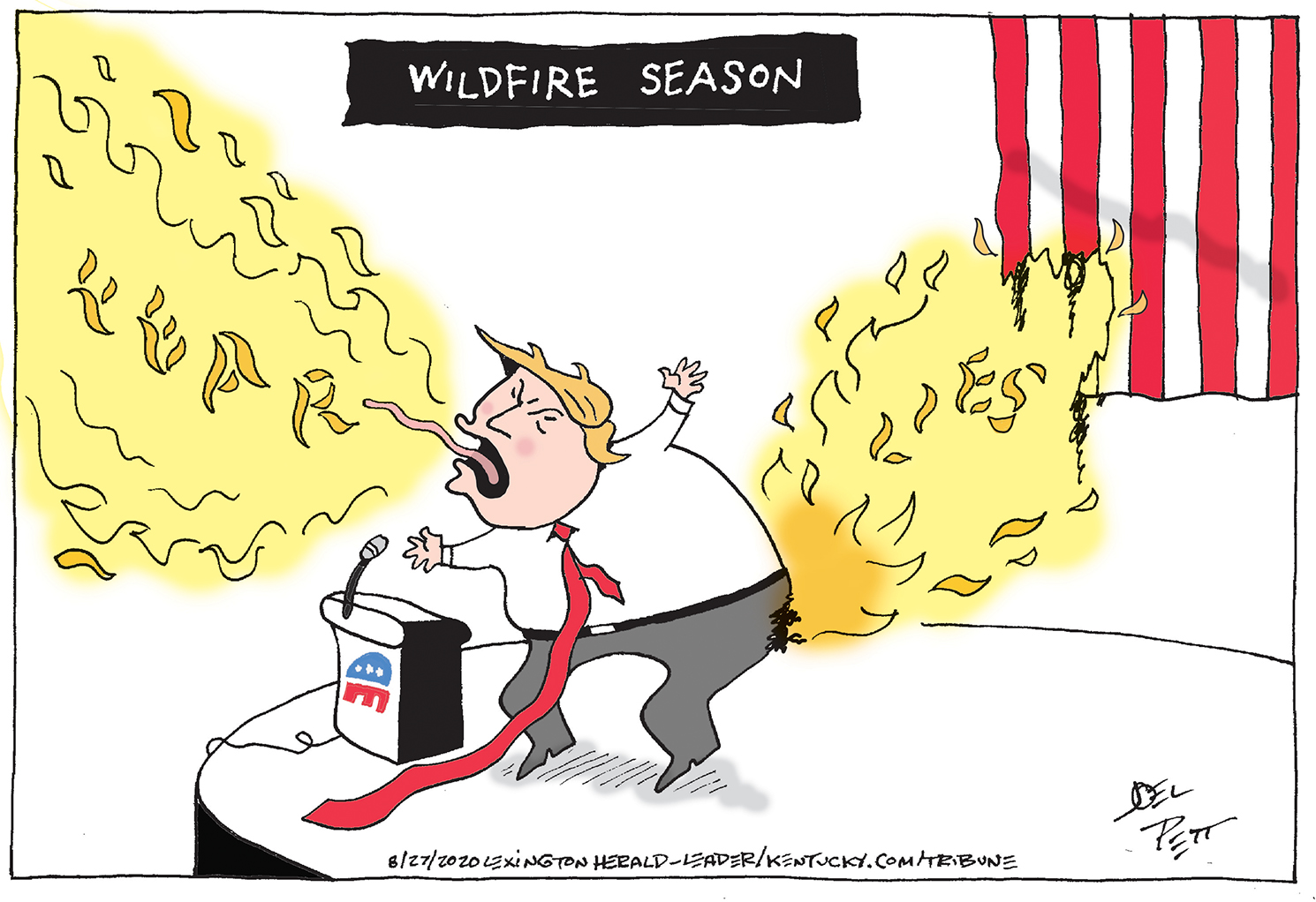 Political Cartoon U.S. Trump 2020 wildfires