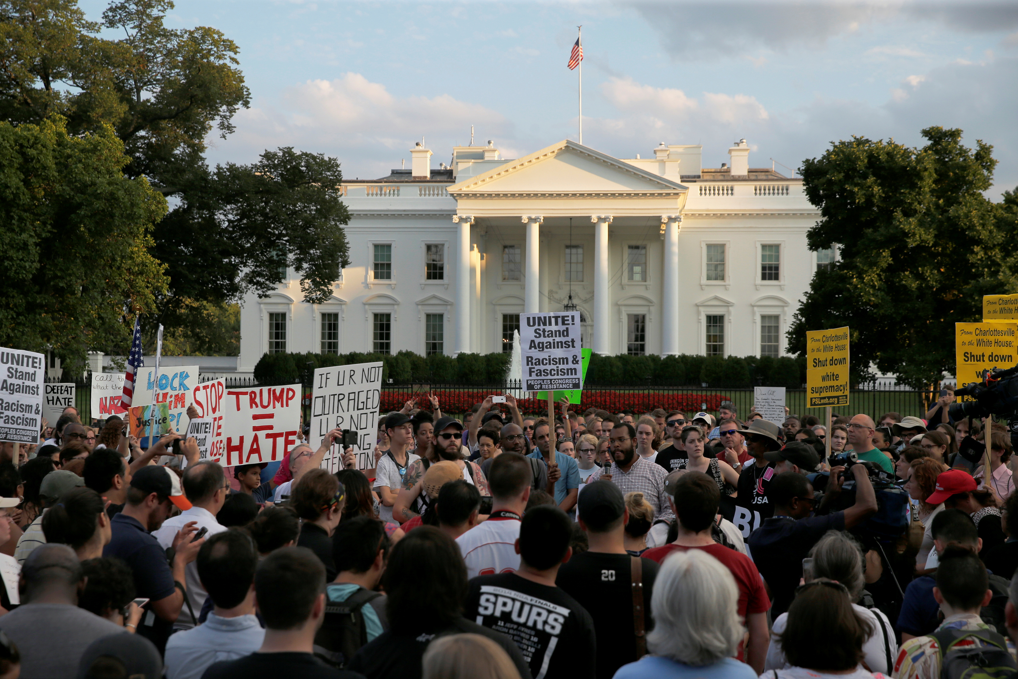 Protesters outside the White House after the Charlottesville events
