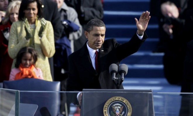 President Obama waves after his inaugural address in 2009.