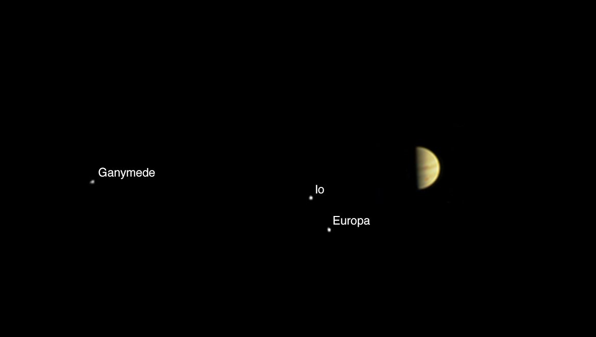 A photo taken by Juno of Jupiter and the surrounding area.