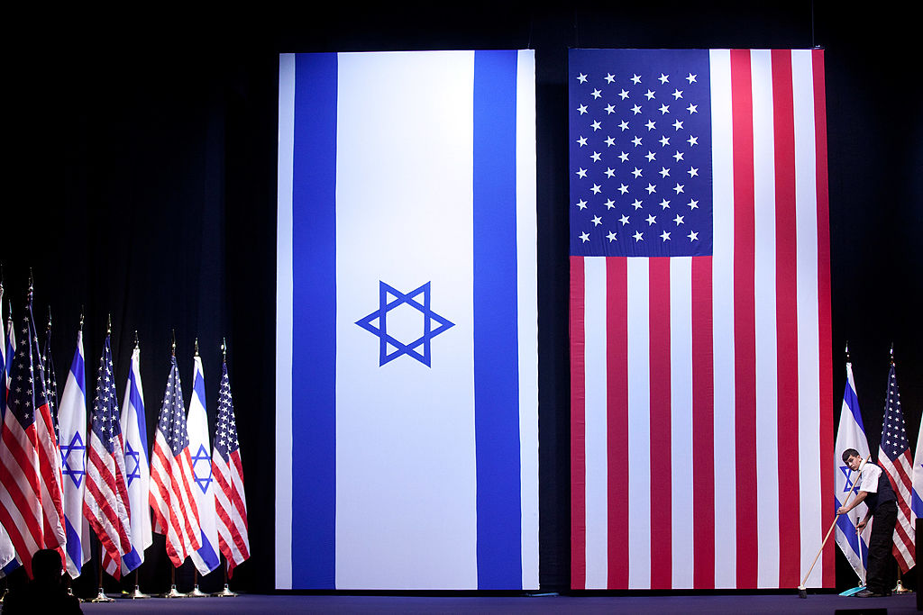 American and Israeli flags. 
