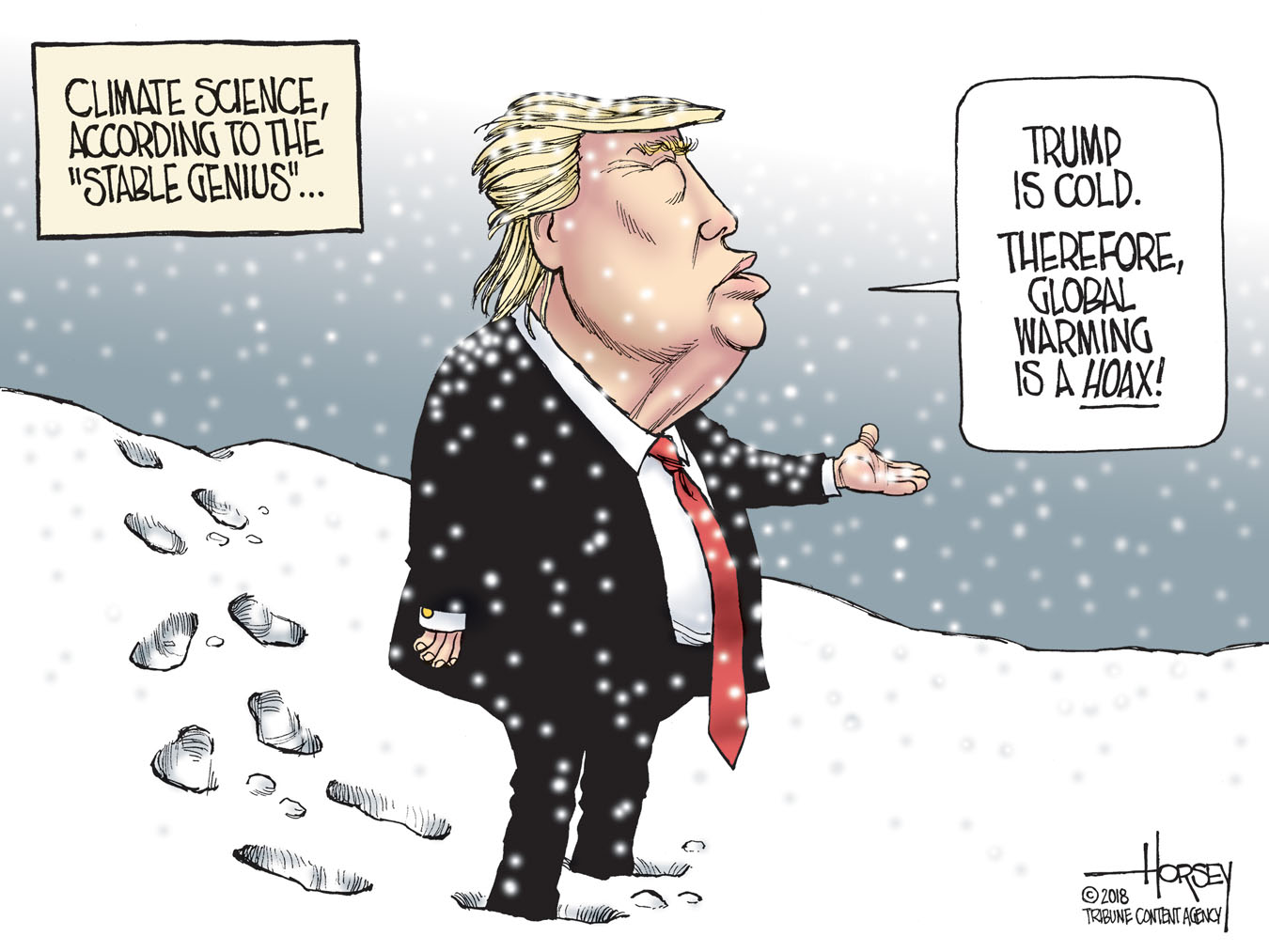 Political cartoon . Trump stable genius climate change snow weather