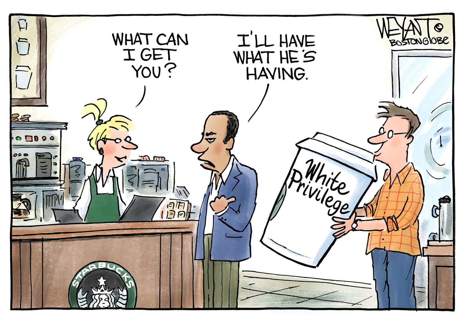 Political cartoon . Starbucks anti-racial bias training white privilege