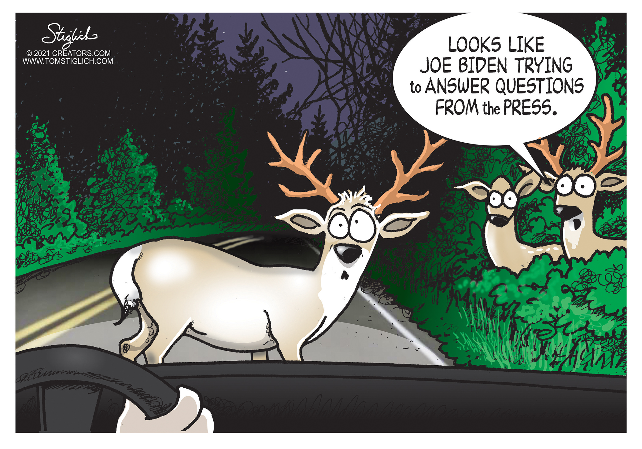 Political Cartoon . biden press deer headlights
