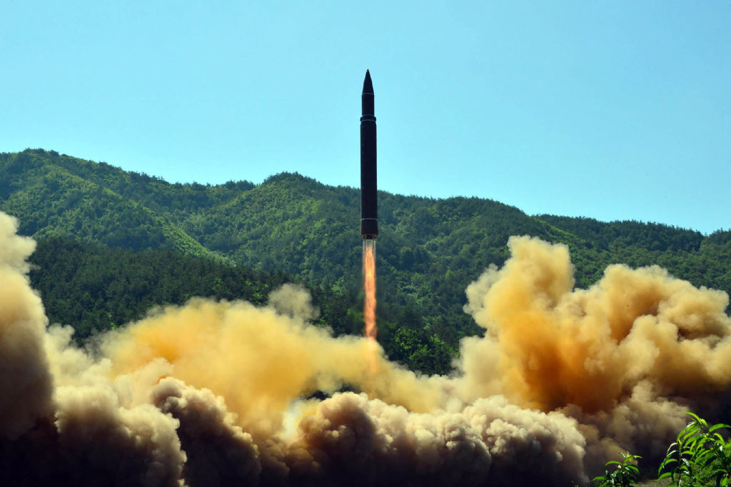 This picture taken on July 4, 2017 and released by North Korea&#039;s official Korean Central News Agency (KCNA) on July 5, 2017 shows the successful test-fire of the intercontinental ballistic mi