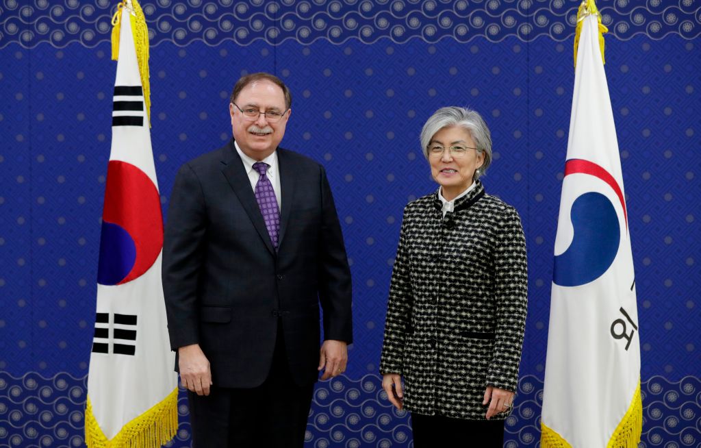 Timothy Betts, acting Deputy Assistant Secretary and Senior Advisor for Security Negotiations and Agreements in the US Department of State, stands with South Korean Foreign Minister Kang Kyun