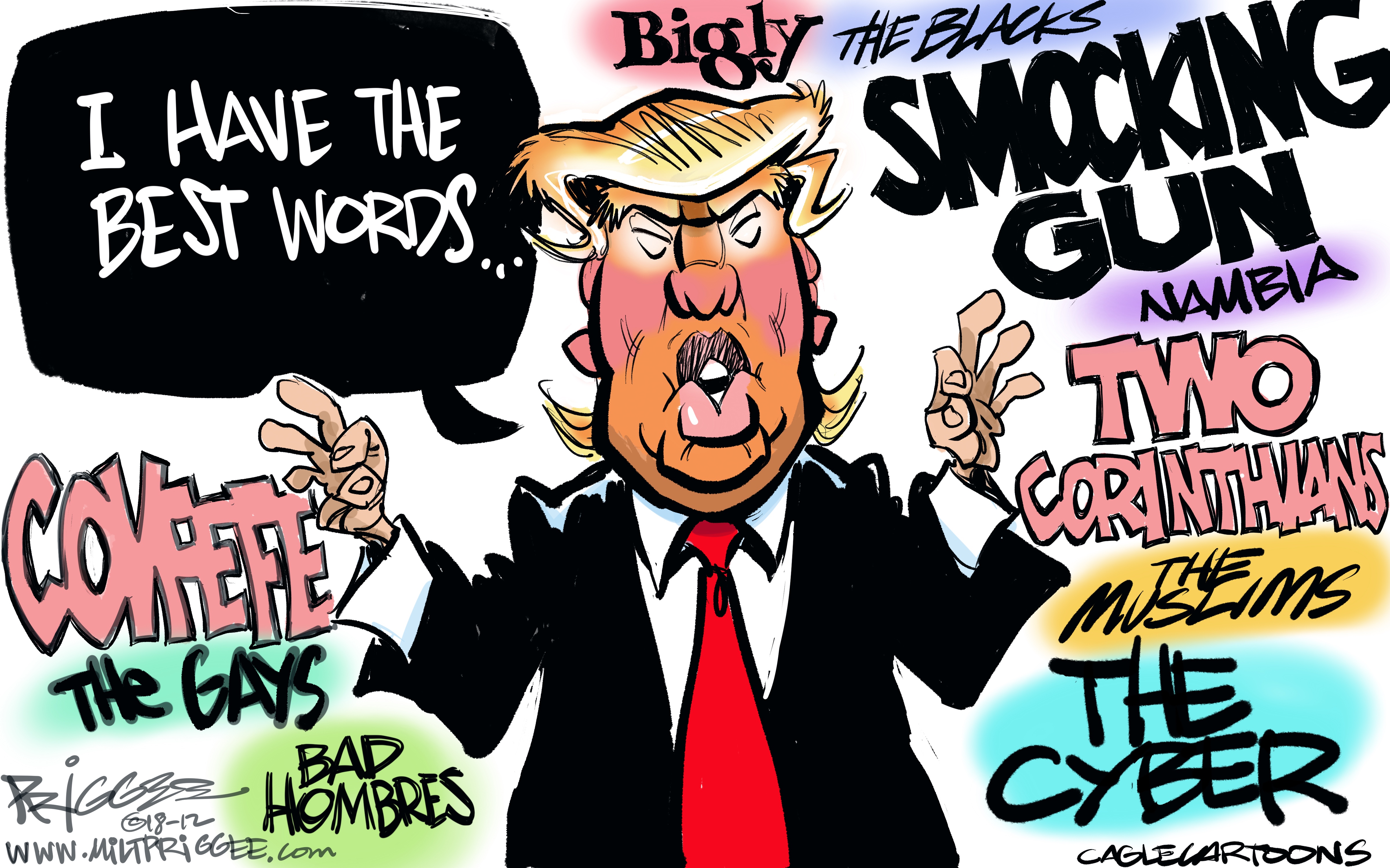 Political cartoon . Trump best words grammar smocking gun covfefe