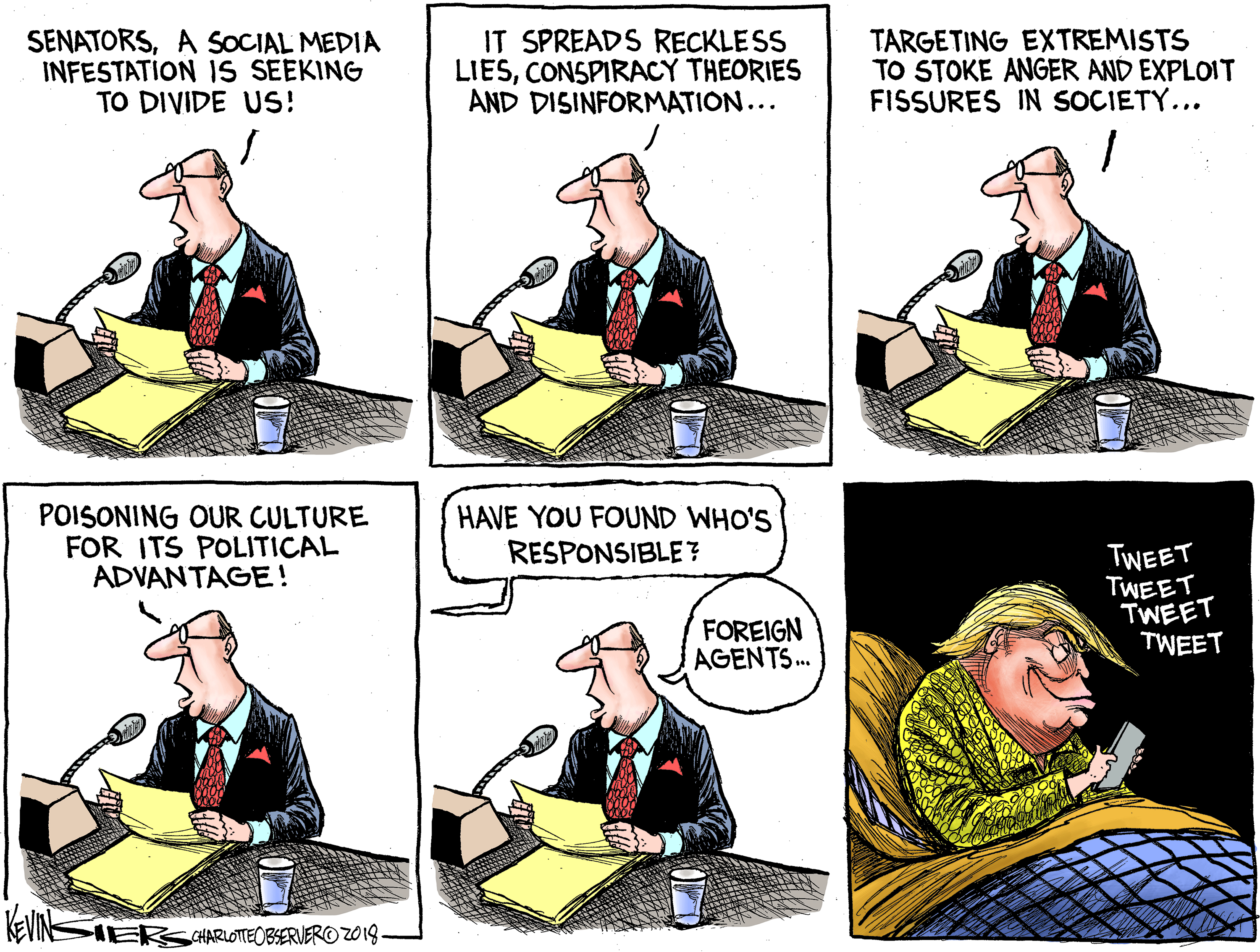 Political cartoon . Trump social media infestation Russia foreign agents  White House twitter