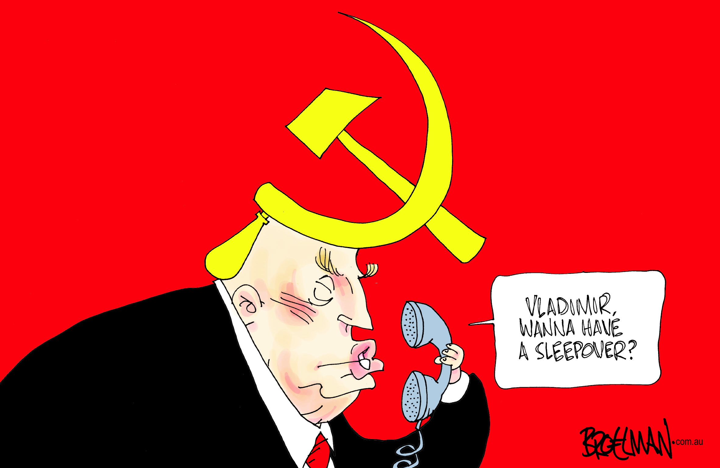 Political cartoon . Trump Putin sleepover Helsinki summit communism
