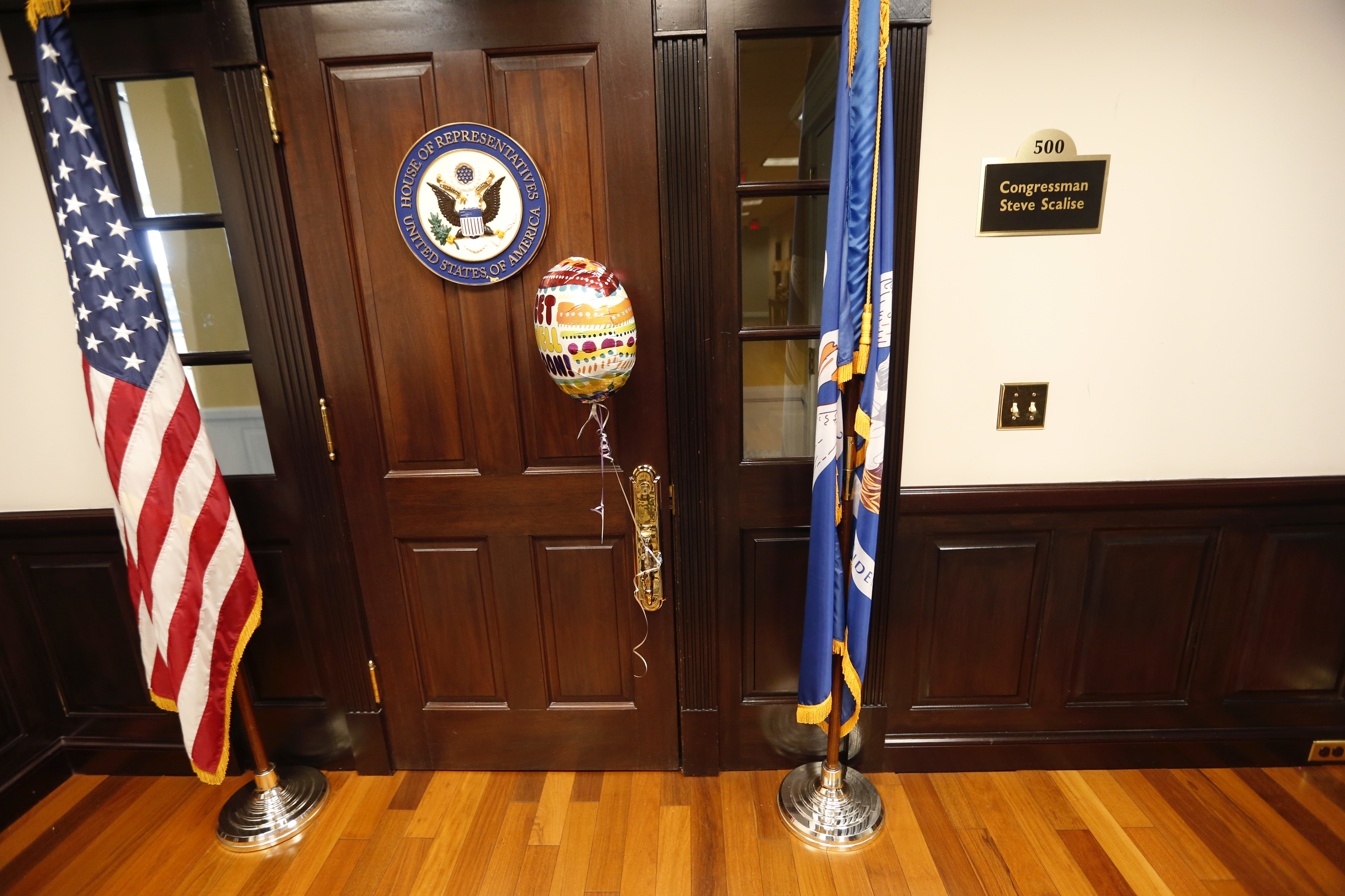A balloon tied to the door of Rep. Steve Scalise&#039;s office.