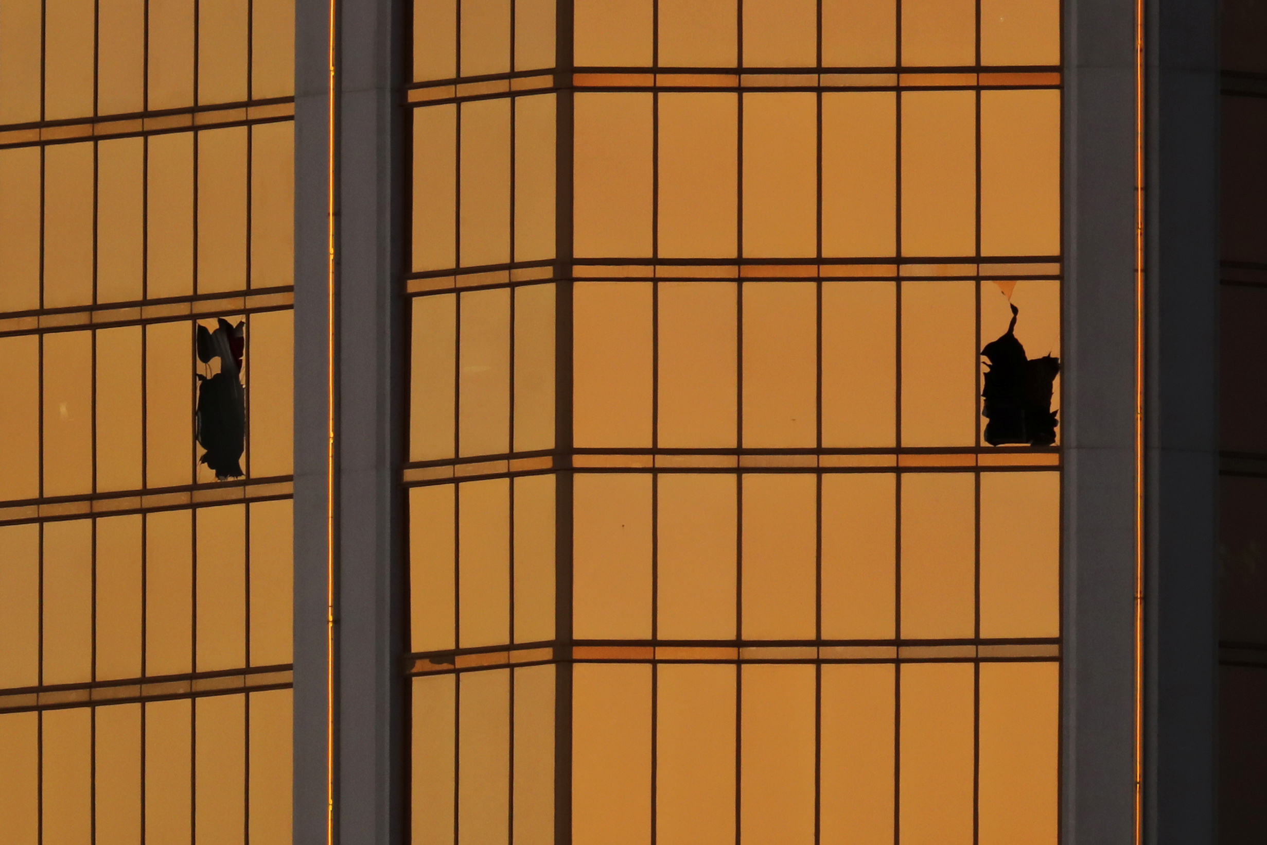 The broken windows of the Mandalay Bay hotel in Las Vegas.