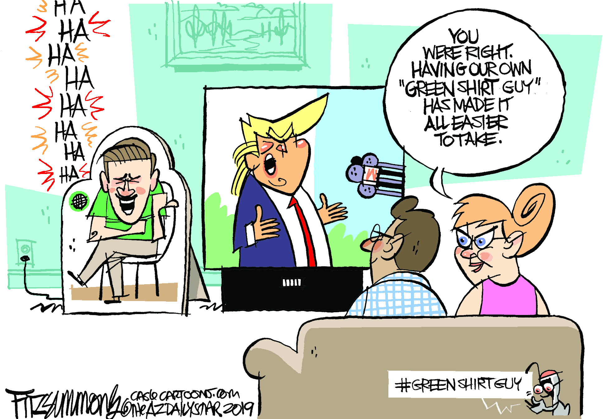 Political Cartoon . Green Shirt Guy Trump Rally Laughing Viral Video