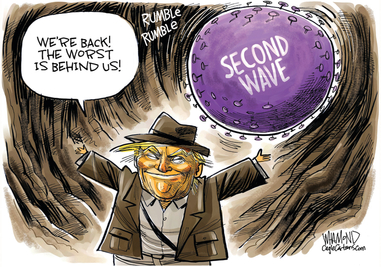 Political Cartoon U.S. Trump indiana jones second wave coronavirus