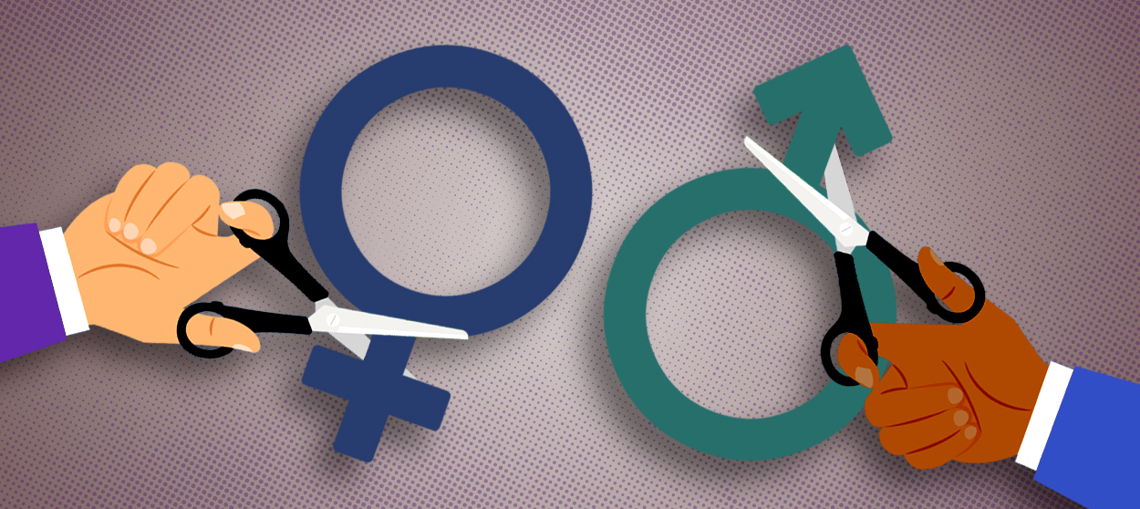 Scissors cutting gender symbols.