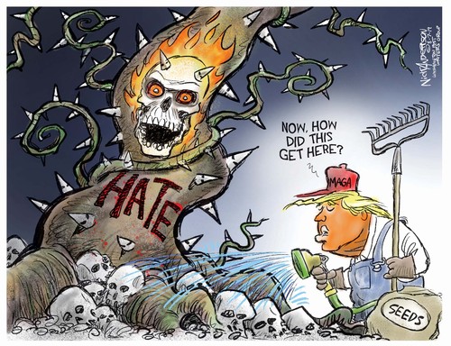 Political Cartoon . Trump Farmer Sowing Seeds of Hate