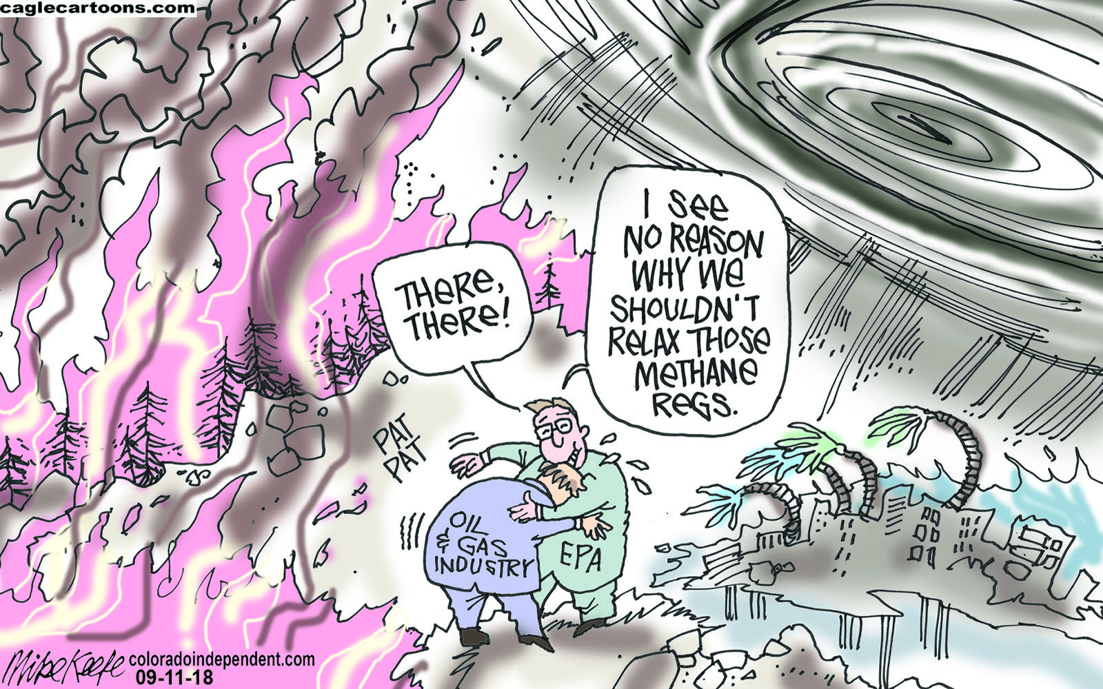 Political cartoon . EPA methane emission regulations climate change natural  disasters