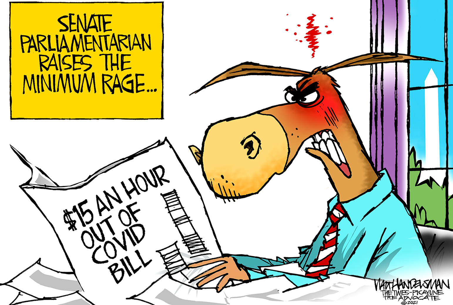 Political Cartoon U.S. senate parliamentarian 15 dollar minimum wage democrats