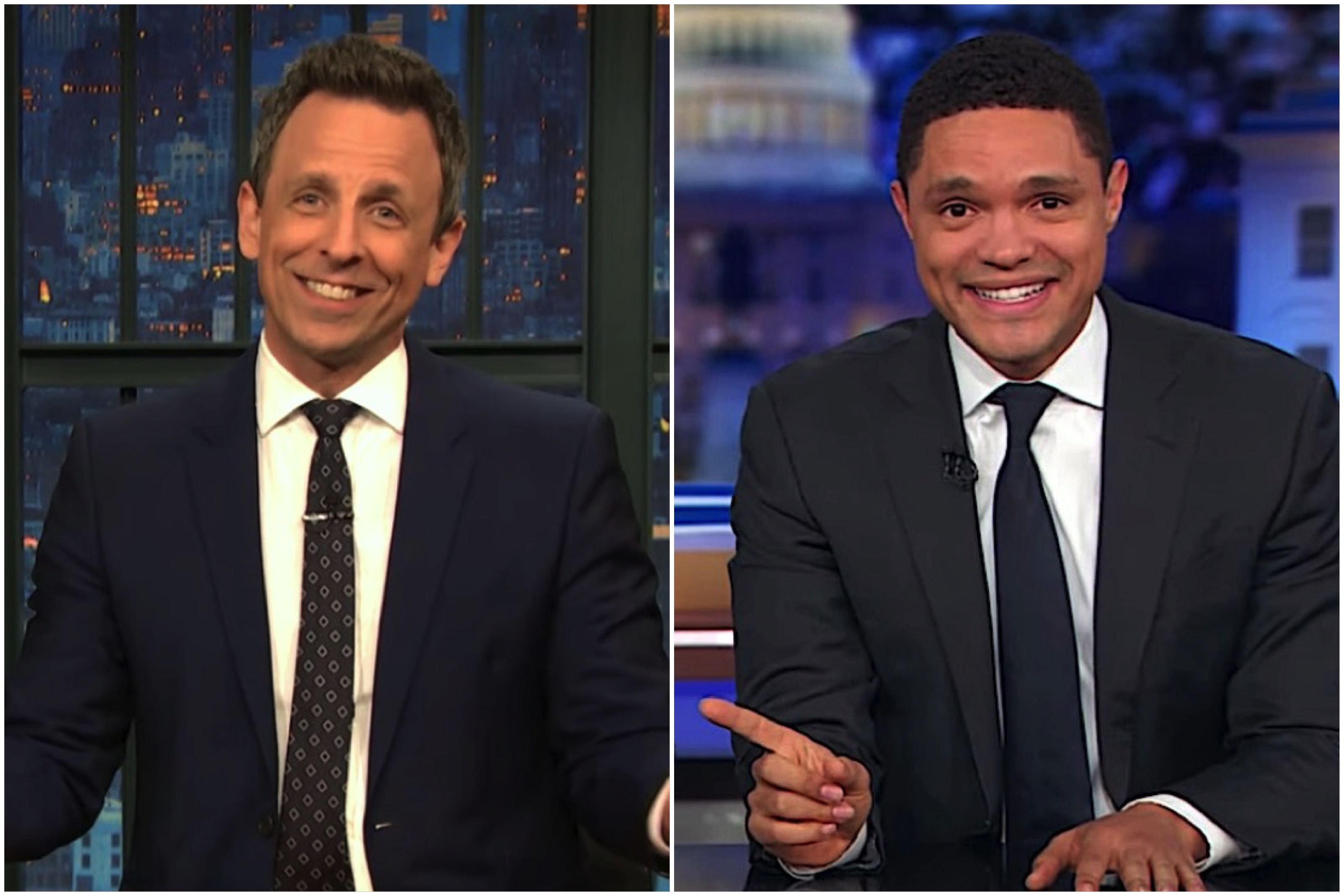 Trevor Noah and Seth Meyers laugh at Julian Assange and his cat