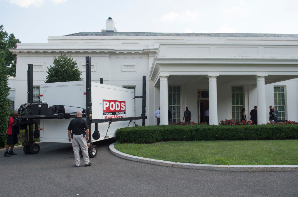Storage containers are delivered outside the West Wing of the White House in Washington, DC, August 4, 2017, as workers prepare to complete maintenance and updates to the West Wing 