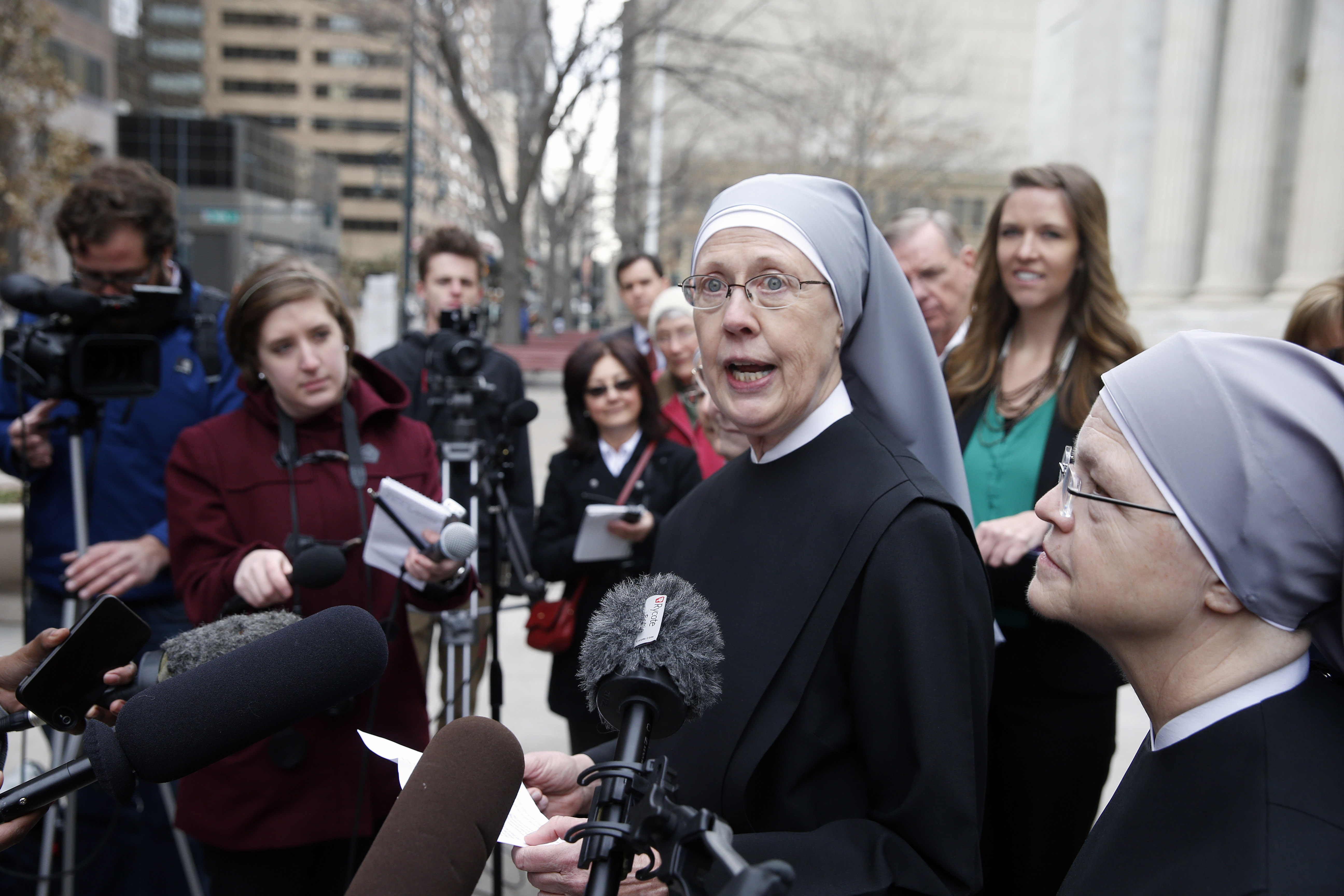 Sister Loraine Marie Maguire, of Little Sisters of the Poor, speaks to members of the media in 2014.
