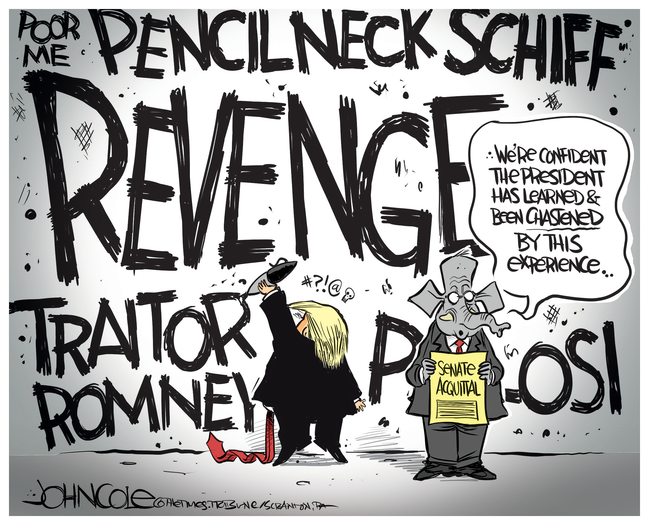 Political Cartoon U.S. Trump Nancy Pelosi Mitt Romney impeachment acquittal revenge