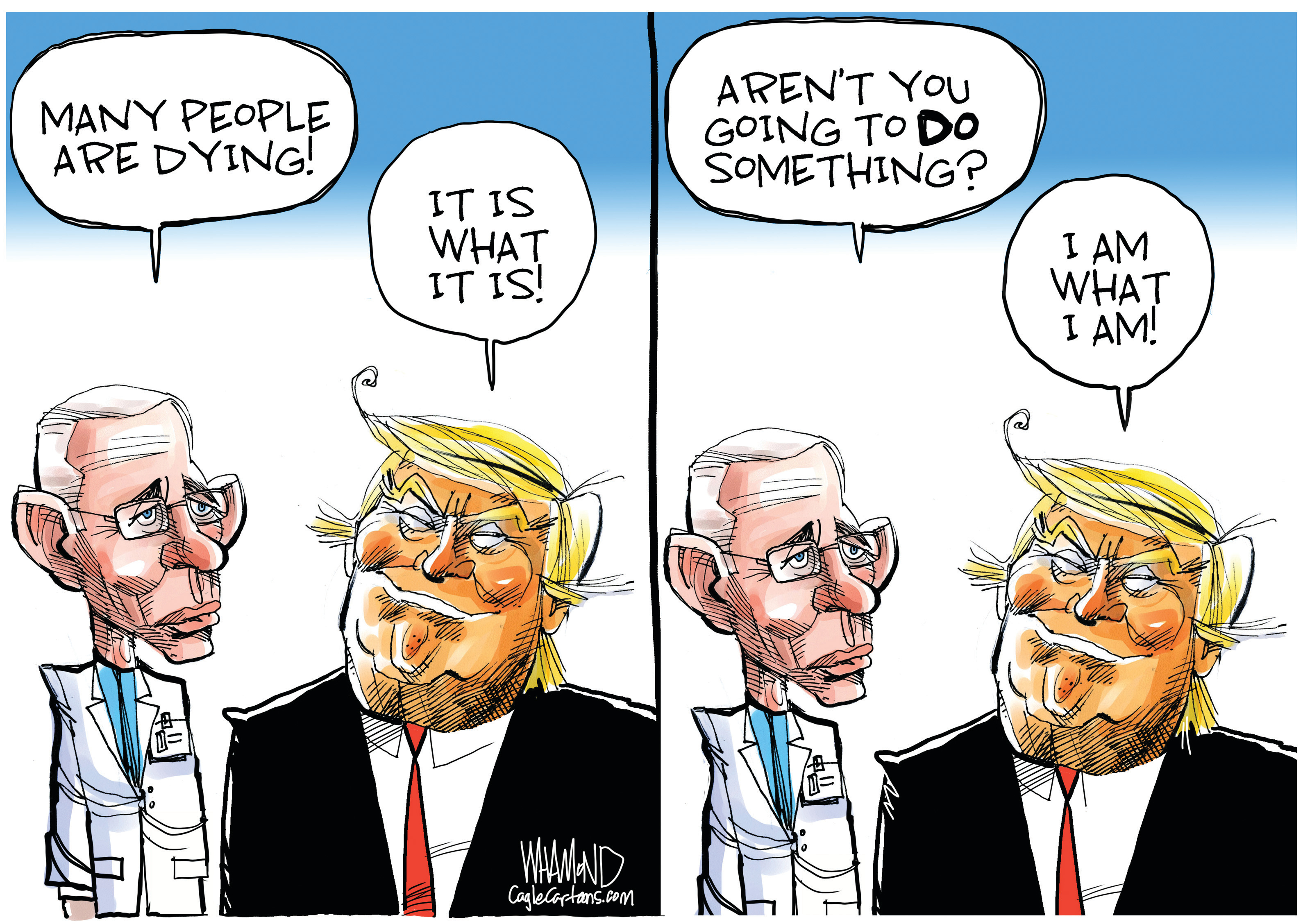Political Cartoon . Trump Fauci Coronavirus People Dying