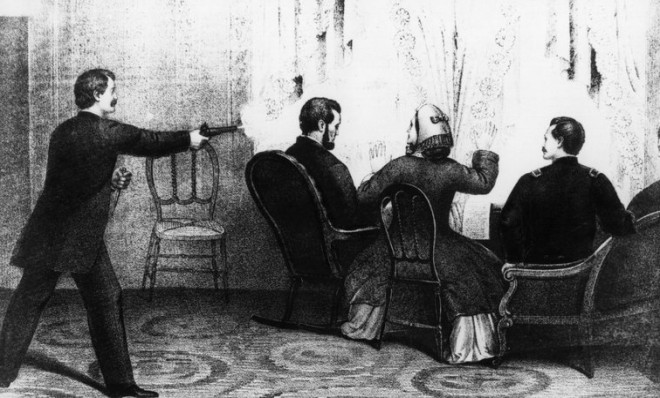 A lithograph representation of John Wilkes Booth assassinating President Lincoln.
