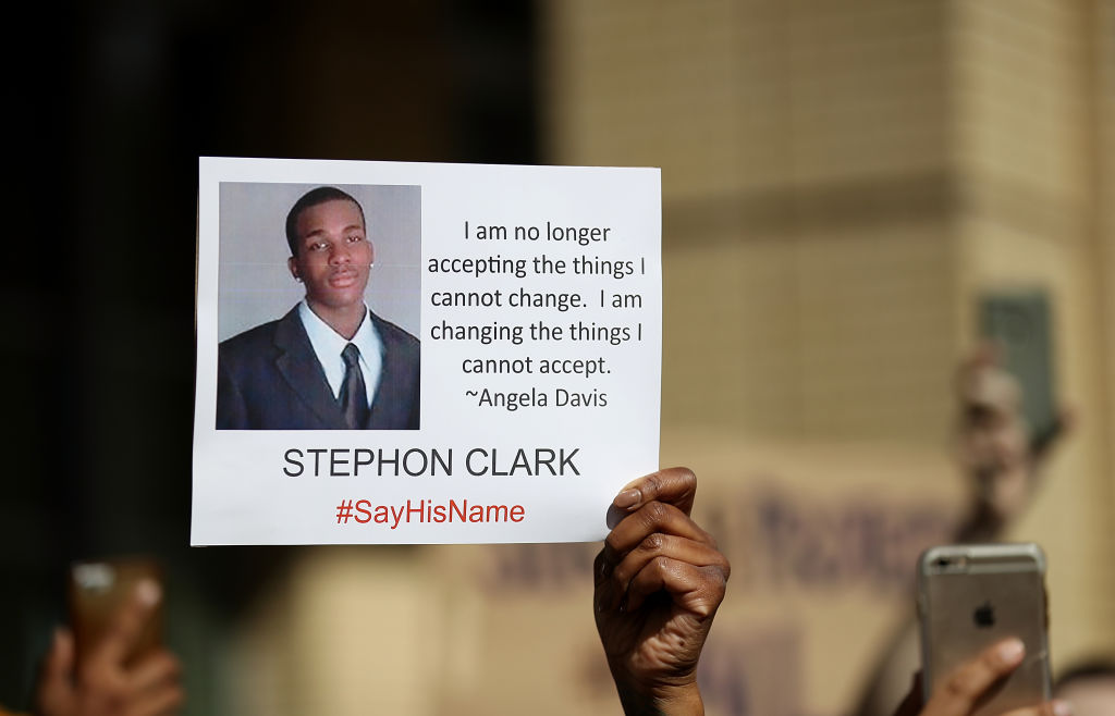 A sign at a protest over the shooting of Stephon Clark.