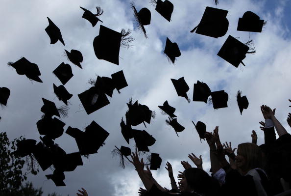 Graduates throw their caps.