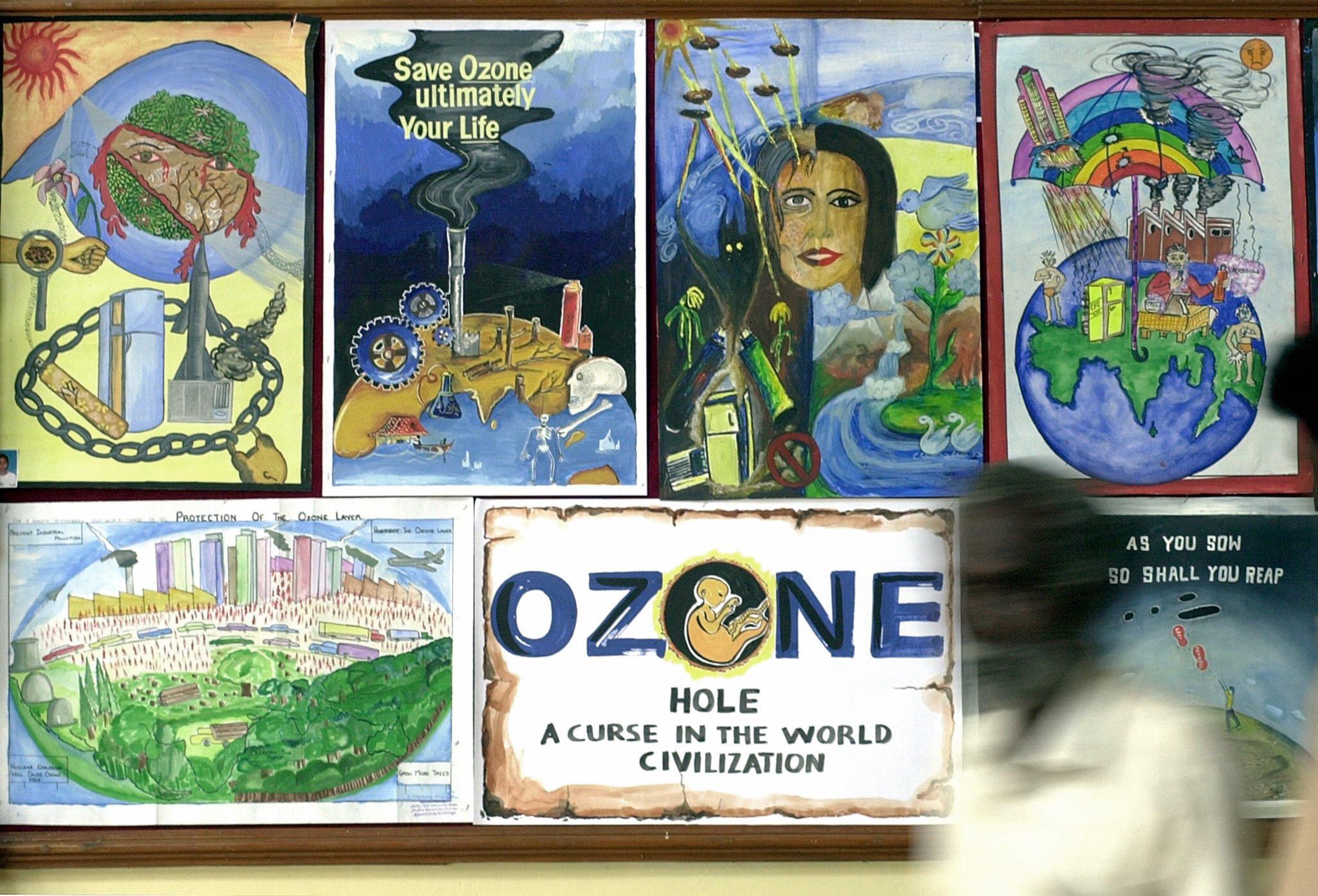 Posters encouraging people to save the ozone layer.